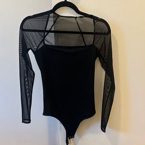 Black Mesh Long Sleeve Bodysuit with square neck